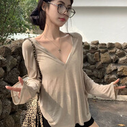 入秋謠白色薄款微透v領(lǐng)長(zhǎng)袖T恤女裝夏季寬松防曬罩衫休閑慵懶風(fēng)罩衣上衣 卡其色 L