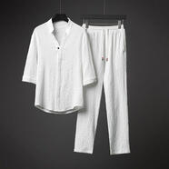 莫代爾夏季睡衣男士超薄七分袖冰絲亞麻家居服套裝棉麻兩件套寬松中國風(fēng) 白色套裝 M