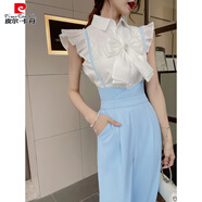 皮爾卡丹（pierre cardin）2025夏新款長褲背帶闊腿褲衣蝴蝶結(jié)襯衫修身氣質(zhì)神范兩件套裝 上衣+藍(lán)色背帶褲 S
