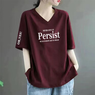 秀絲路女士短袖高檔女時(shí)尚一點(diǎn)大碼v領(lǐng)t恤寬松顯瘦遮肚子夏裝新款洋氣 酒紅色-PE字母 2XL 建議130-150斤
