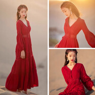 雅格羅伊青海旅游出行衣服甘南新疆青海湖敦煌沙漠大西北旅游穿搭女裝紅色 紅色長裙[適合158以上][ XL 建議115-130斤