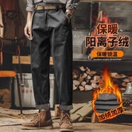 后探（HouTan）美式復(fù)古休閑褲男寬松春秋款直筒工裝褲男士潮牌簡約加絨長褲子男 腰帶款加絨黑色 30（120-130斤）