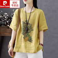 皮爾卡丹（pierre cardin）大號(hào)女士短袖t恤女夏上衣女2025新款胖mm寬松遮肚棉麻亞麻打底衫 黃色 3XL 建議：145-170斤