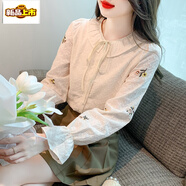初徑法式刺繡甜美娃娃領(lǐng)襯衫2025秋季新款溫柔淑女顯瘦漂亮長(zhǎng)袖上衣女 杏色 S 建議80-95斤
