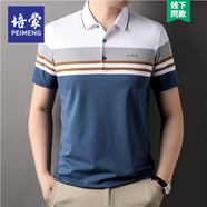 培蒙輕薄桑蠶絲t恤男夏季條紋休閑短袖Polo翻領(lǐng)衫男中青年男士上衣服 6603灰藍 165