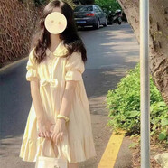 婷婉美學院風夏季甜美娃娃領(lǐng)蝴蝶結(jié)顯瘦連衣裙女學生韓版中長款A字裙子 奶黃色 M