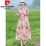 皮爾卡丹（pierre cardin）復(fù)古民族風(fēng)女長裙夏季減齡媽m媽裝系帶收腰顯瘦棉麻連衣裙碎花裙 683款粉紅色 2XL