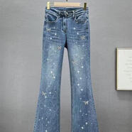 SHXI歐洲站重工燙鉆闊腳牛仔褲女2024春夏裝新款高腰修身顯瘦微喇長(cháng)褲 蝴蝶藍色6618 2XL