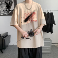 花花公子（PLAYBOY）300G純棉短袖T恤男重磅夏季寬松大碼半袖情侶體.恤美式打底衫潮牌 杏色 XL
