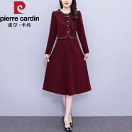 皮爾卡丹（pierre cardin）喜婆婆婚宴裝高貴媽媽遮肉顯瘦木耳邊大碼秋冬款假兩件連衣裙 紅色 XL 建議105-125斤
