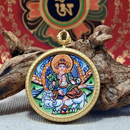 青藏源西藏純手工繪扎基拉姆藥師佛黃黑財(cái)神本命佛綠度母圓形唐卡吊墜 普賢菩薩生肖龍蛇守護(hù)神3.5cm