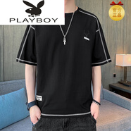 花花公子（PLAYBOY）T恤男士短袖夏季大碼潮流明輯線(xiàn)體恤上衣潮牌百搭夏裝半截袖 2201黑色 M (約90-105斤可穿)
