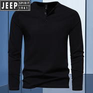 JEEP SPIRIT秋季男士純色亨利領(lǐng)長(cháng)袖T恤青年歐美簡(jiǎn)約彈力修身純色百搭打底衫 黑色 M