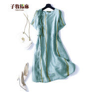 子牧棉麻2025春夏裝 女文藝休閑短袖圓領(lǐng)氣質(zhì)中長款過膝拼接連衣裙0546 藍色 L (建議115-125斤)