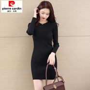 初徑包臀連衣裙女緊身外穿秋冬圓領(lǐng)內搭修身顯瘦中長(cháng)款打底針織毛衣裙 黑色 XL
