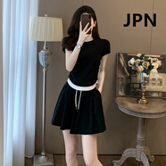 JPN運(yùn)動套裝女 輕奢潮牌夏季新款時尚設(shè)計感小眾簡約短袖裙褲兩件套 黑色套裝 2XL