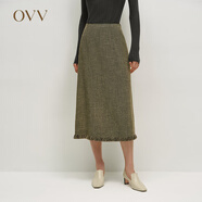 OVV【經(jīng)典粗花呢】2024秋冬新款女裝日本進(jìn)口面料流蘇半身裙 黑金 XL
