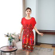 曼利鳥(niǎo)2025新款夏季度假波西米亞風(fēng)連衣裙民族風(fēng)寬松女士中年媽媽中長(cháng)裙 大紅色抽繩樹(shù)葉款 均碼 95到175斤