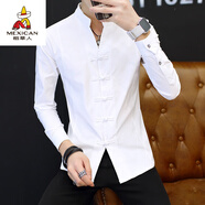 稻草人春季亞麻長(cháng)袖T恤男士修身唐裝布紐扣圓領(lǐng)棉麻半袖青年仿古t恤潮流 9905長(cháng)袖/白色 M