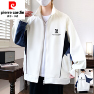 皮爾卡丹（pierre cardin）純棉外套男春秋季撞色拼接寬松立領夾克男士潮牌休閑運動開衫t恤 583白色 M 約80-100斤可穿