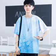 阿尼三青少年夏季冰絲短袖t恤男潮流帥氣2025新款初中高中學(xué)生潮牌半袖 02款天蘭色 XL