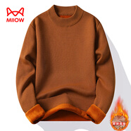 貓人（MiiOW）圓領(lǐng)毛衣男加絨加厚純色寬松秋冬季一體絨保暖針織打底衫男士 焦糖色-加絨 XL