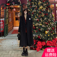 AEMAPE毛呢大衣女2025春秋季新款女裝氣質(zhì)黑色中長(cháng)款赫本風(fēng)外套 黑色W921【不加棉】 L