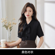 紫魅俏蝴蝶結短袖襯衫輕薄清爽雪紡上衣時(shí)尚顯瘦大碼職業(yè)襯衣半身裙套裝 黑色襯衫 S