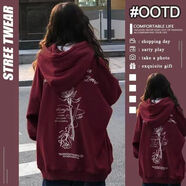 閨哲美式復古印花酒紅色連帽衛衣女加絨加厚寬松垂墜感外套秋冬款上衣 酒紅薄款 L 【105-120】正品高質(zhì)量