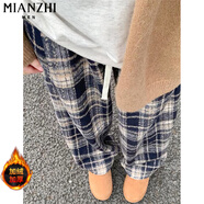 棉致加絨加厚毛呢格子褲子女秋冬季新款寬松高腰直筒休閑褲女衛(wèi)褲運(yùn)動(dòng) 藏青咖格加絨【A8305小個(gè)子】 M 90-100斤