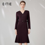愛特愛（EITIE）氣質(zhì)魚尾修身包臀收腰顯瘦V領(lǐng)釘珠呢子連衣裙大牌冬季新款7207924 酒莊紅60 M 160