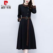 皮爾卡丹（pierre cardin）秋冬氣質(zhì)長(cháng)袖加絨保暖連衣裙女2023新款高檔媽收腰顯瘦打底裙子 黑色(常規) XL