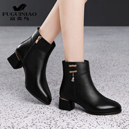 富貴鳥(niǎo)頭層牛皮短靴女粗跟靴子女秋冬新款高跟鞋高幫小皮鞋時(shí)尚馬丁靴 黑色4cm短毛絨FN0204/0031B-5 38