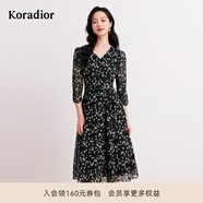 珂萊蒂爾秋季時尚優(yōu)雅黑色印花七分袖A字連衣裙中長款女 黑色 S