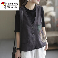 啄木鳥(niǎo)夏季休閑馬甲女外穿復古文藝范寬松大碼無(wú)袖背心棉麻坎肩馬夾外套 灰色 M 建議120斤以?xún)?
                                         title=