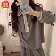TULX春秋長袖韓版ins甜美荷葉邊兩件套裝睡衣少女士家居服 FM#灰色花邊長袖（針織棉） XL 【建議115-130斤】