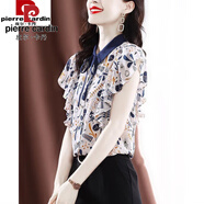皮爾卡丹（pierre cardin）襯衫女2025年夏季洋氣新款蝴蝶結(jié)系帶時(shí)尚短袖polo領(lǐng)通勤 藏青色碎花 M