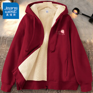 真維斯（JEANSWEST）羊羔絨外套女裝秋冬季新款加絨加厚開(kāi)衫衛(wèi)衣女冬天女生保暖棉衣服 酒紅 簡(jiǎn)單草莓_K L