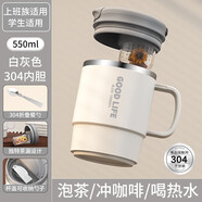 CTRLEND馬克杯帶蓋茶水分離304不銹鋼內(nèi)膽/PP辦公室咖啡杯高顏值飲用水杯 白灰色 304內(nèi)膽+折疊勺 1個 550ml