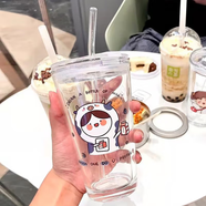 盛櫻 玻璃吸管杯 牛奶杯 吸管水杯少女可愛刻度杯吸管玻璃杯子 咖啡杯 牛奶女孩