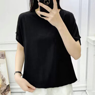 風(fēng)曉薇夏季新款大碼棉綢上衣女休閑遮肉短袖T恤寬松顯瘦人造棉印花小衫 1黑色-可外穿女打底衫 3XL 130-140斤-可外穿女打底衫