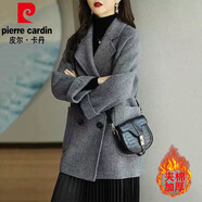 皮爾卡丹（pierre cardin）高檔毛呢大衣女2025秋冬新款時(shí)尚韓版寬松顯瘦百搭洋氣毛呢外套 混灰色【加棉加厚】人字紋 3XL 碼【建議142-155斤】