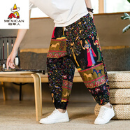 稻草人中國風(fēng)夏季休閑大碼燈籠褲男士棉麻蘿卜褲寬松民族風(fēng)花褲子束腳褲 黑色 5XL