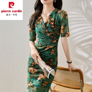 皮爾卡丹夏季半袖仿真絲連身裙2025新款優(yōu)雅復(fù)古氣質(zhì)短袖洋派過膝裙子女 綠色 M 85-100斤