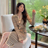 JK&JS法式溫柔風(fēng)條紋針織連衣裙秋季設計感修身開(kāi)叉中長(cháng)裙打底裙 杏色 M