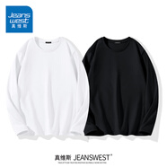 真維斯（Jeanswest）新疆棉220g重磅純棉長袖t恤寬松純色上衣打底衫內(nèi)搭厚實(shí)男女款白t 【2件裝】白色+黑色 4XL (體重200-220斤)
