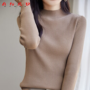 ANED柔軟親膚~100%純棉半高領(lǐng)毛衣秋冬女加厚內(nèi)搭修身顯瘦針織打底衫 卡其色 M 165