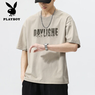 花花公子（PLAYBOY）冰絲短袖T恤男士2025新款夏季半袖男款上衣服速干衣寬松男生男裝 J808杏色 M 【110-120斤】