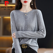 皮爾卡丹（pierre cardin）羊毛開衫女長袖鏤空毛衣針織披肩外套圓領(lǐng)空調(diào)衫2025秋季薄款上衣 灰色 XL 【建議115-125斤】