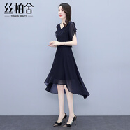 絲柏舍V領(lǐng)小黑裙2025夏裝新款女裝設(shè)計(jì)感短袖收腰中長(zhǎng)款連衣裙